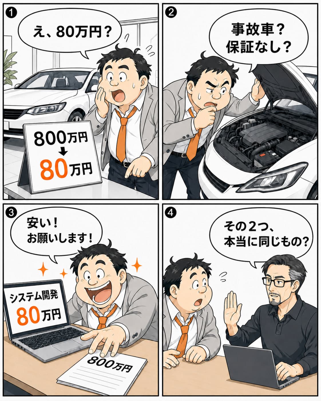 4コマ。車が800万円から80万円になれば事故歴や保証を疑う安井が、システムの80万円の提案には飛びつく。真壁が、その二つは本当に同じものかと問いかける。