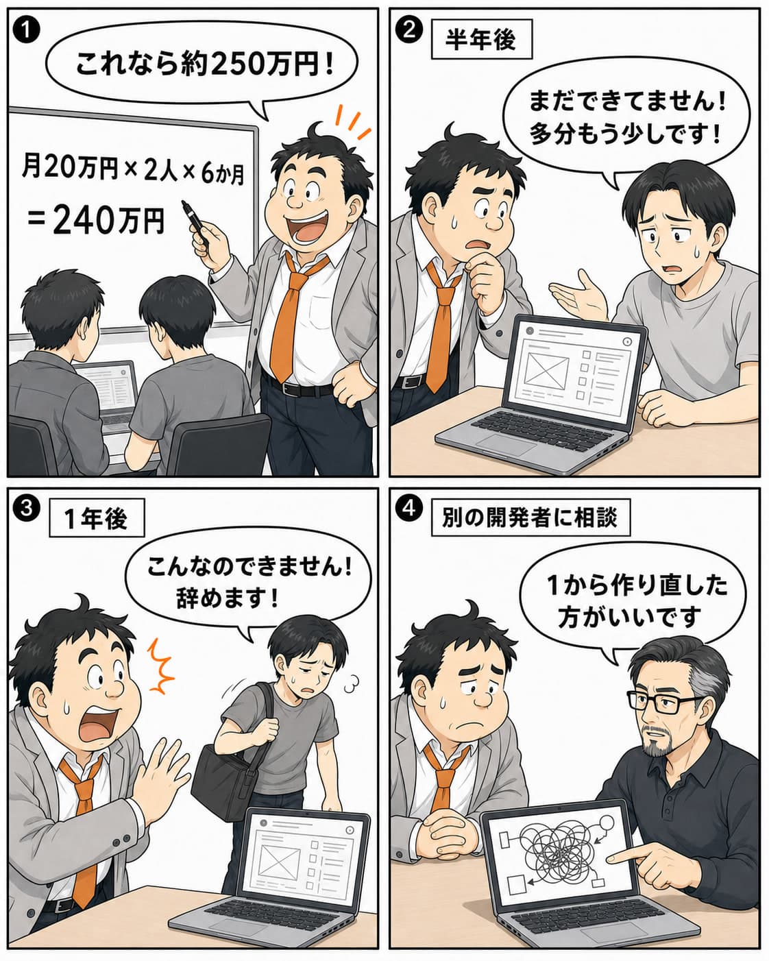 4コマ。月20万円のエンジニア2人を半年雇えば240万円と計算する安井。半年後も未完成で、1年後には開発者が辞め、別の開発者から作り直しを勧められる。