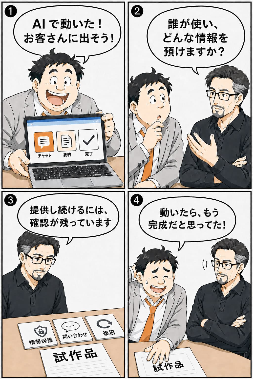 4コマ。AIで試作品が動き、すぐ顧客へ公開したい安井。真壁が利用者、情報保護、復旧の条件を確認し、何を任せる段階かを考える。